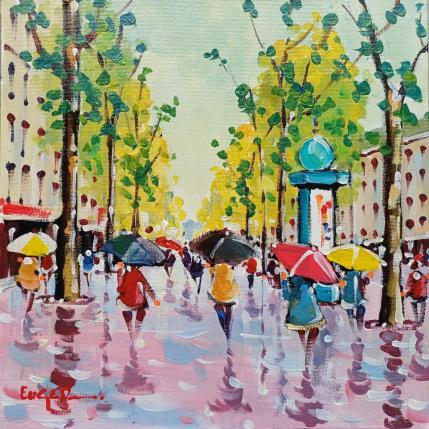 Peinture PLUIE AUX CHAMPS ELYSEES  par Euger | Tableau Figuratif Acrylique Scènes de vie, Société, Urbain