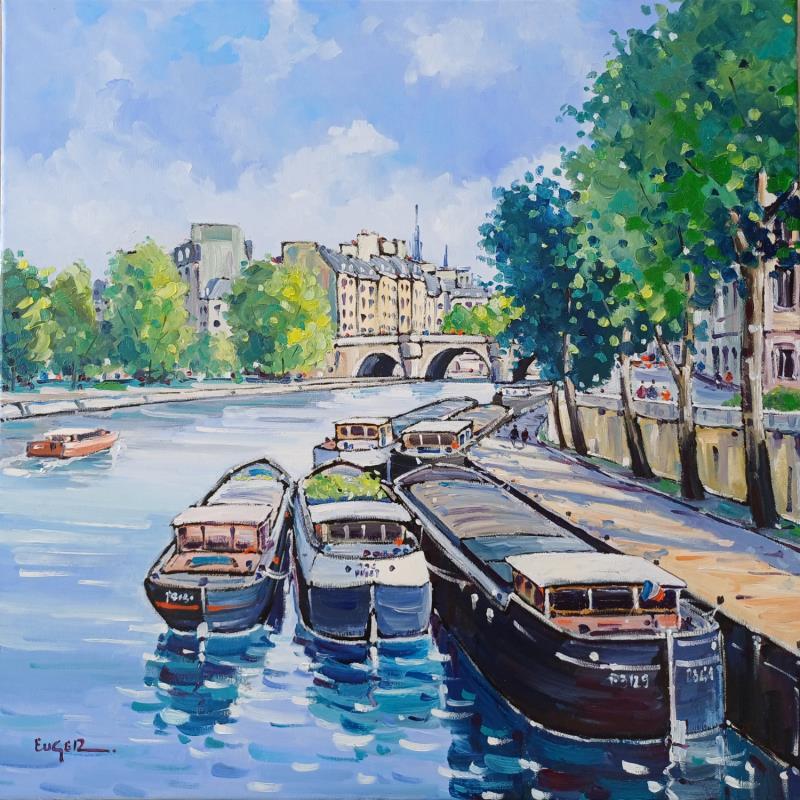 Peinture LA SEINE AU PONT NEUF A PARIS par Euger | Tableau Figuratif Huile Marine, Paysages, Urbain