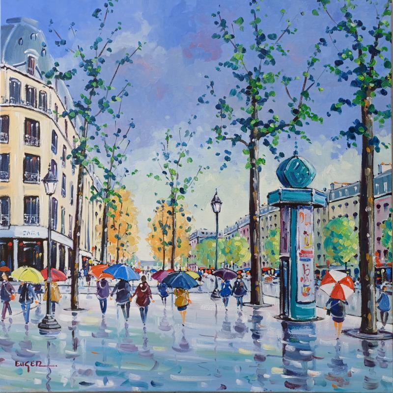 Peinture CHAMPS ELYSEES SOUS LA PLUIE par Euger | Tableau Figuratif Société Urbain Scènes de vie Huile