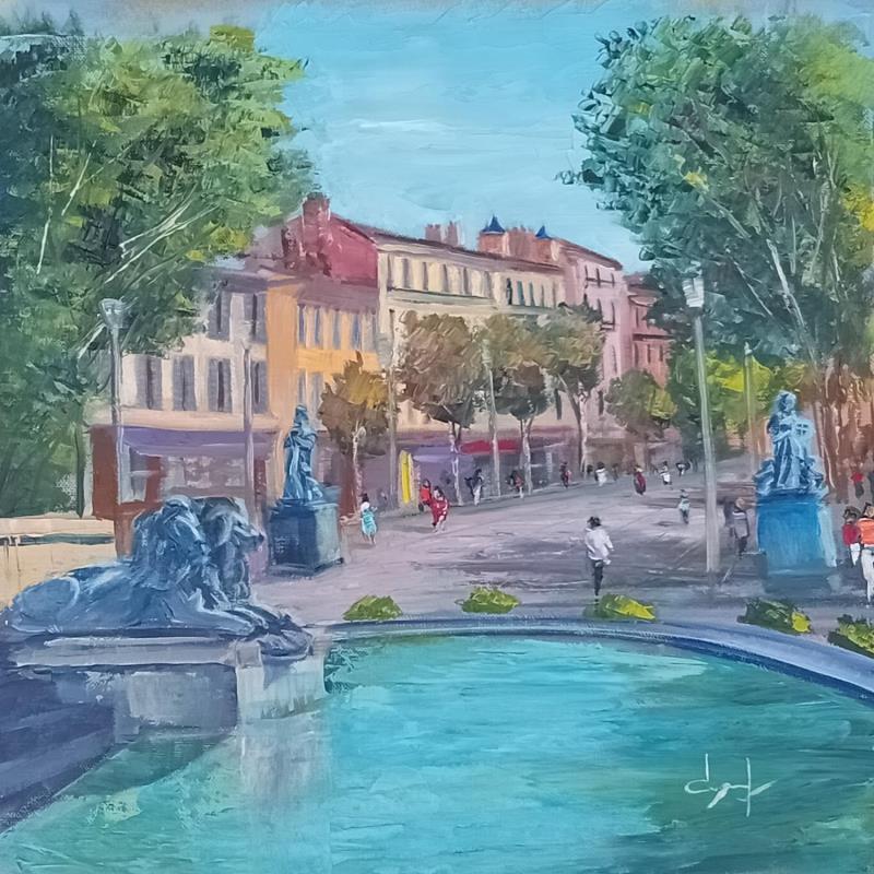 Peinture Les lions de la fontaine de la rotonde à Aix en Provence  par Degabriel Véronique | Tableau Impressionnisme Paysages Urbain Scènes de vie Huile