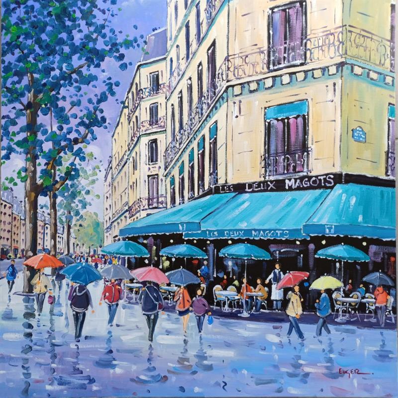 Peinture BOULEVARD SAINT GERMAIN SOUS LA PLUIE par Euger | Tableau Figuratif Société Urbain Scènes de vie Huile