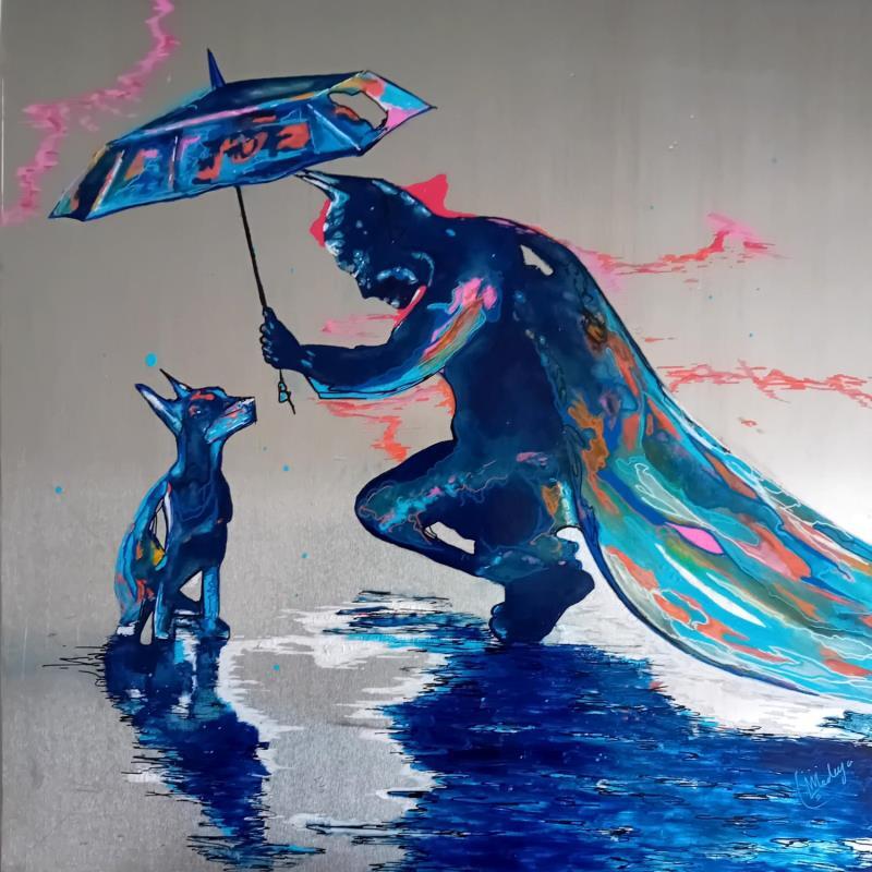 Gemälde Batman sous la pluie von Medeya Lemdiya | Gemälde Pop-Art Acryl, Metall Pop-Ikonen