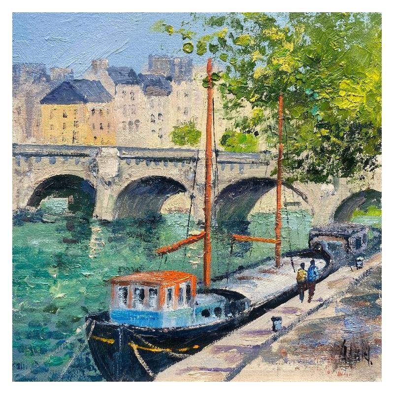 Peinture Péniches à Paris 1 par Daniel | Tableau Impressionnisme Paysages Huile