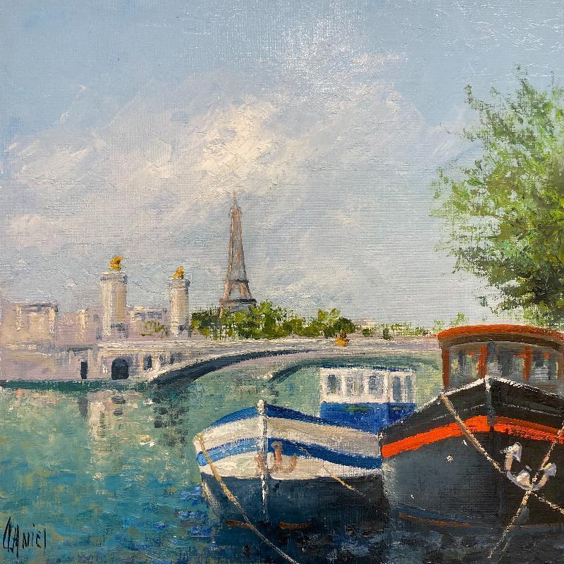 Peinture Péniches à Paris 2 par Daniel | Tableau Impressionnisme Paysages Huile