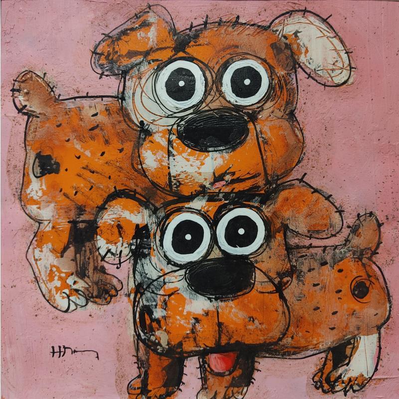 Peinture 2 French bouledogues par Maury Hervé | Tableau Art Singulier Acrylique, Encre, Pigments, Sable Animaux