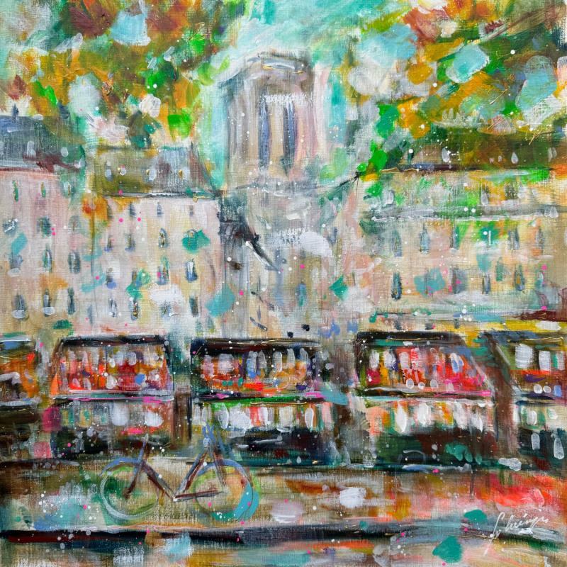 Peinture Les bouquinistes  par Solveiga | Tableau Impressionnisme Paysages Scènes de vie Architecture Acrylique