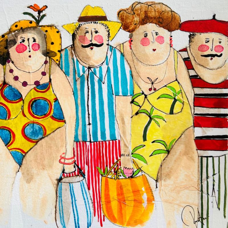 Painting La bande de copains by Colombo Cécile | Painting Naive art Acrylic, Gluing, Ink, Pastel, Watercolor Life style, Portrait