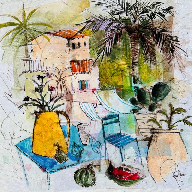 Painting Du linge dans le vent by Colombo Cécile | Painting Naive art Landscapes Nature Life style Watercolor Acrylic Gluing Ink Pastel