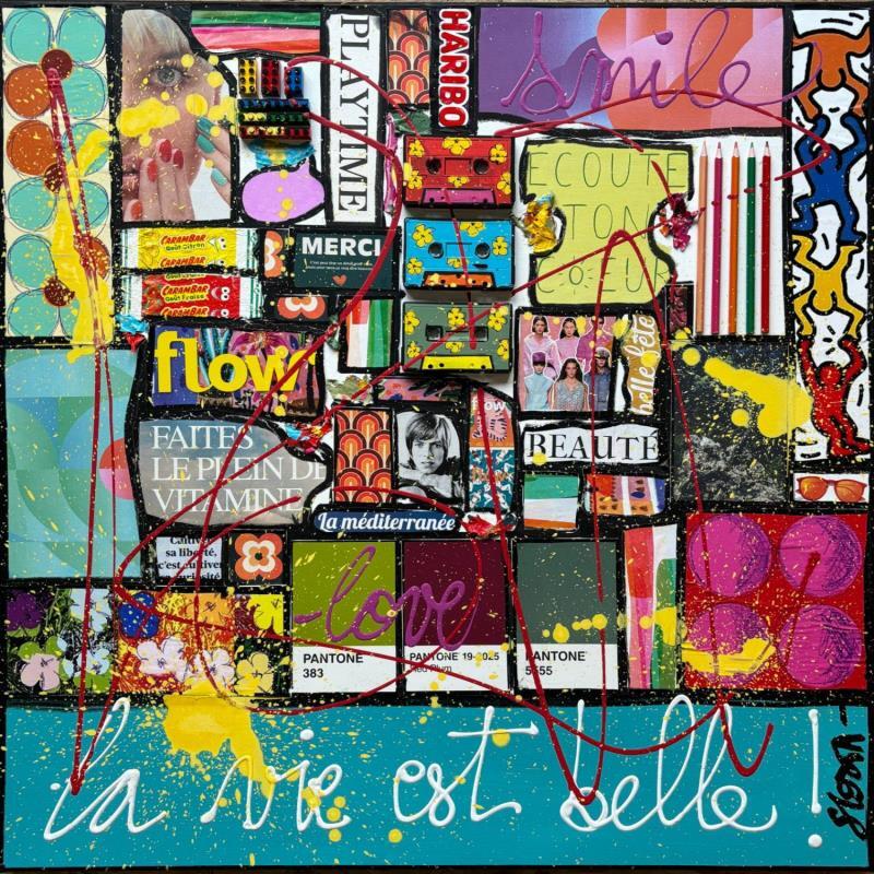 Painting La vie est belle ! (bleu) by Costa Sophie | Painting Pop-art Acrylic Gluing Upcycling