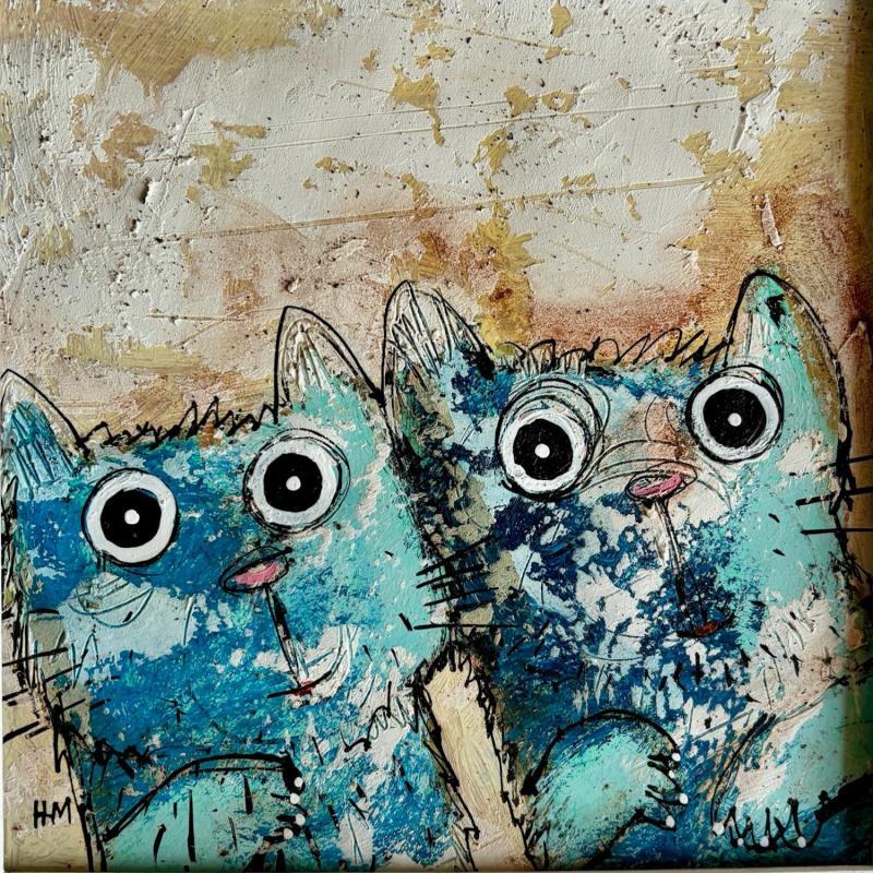 Painting Blue Kitties by Maury Hervé | Painting Raw art Animals Acrylic Sand