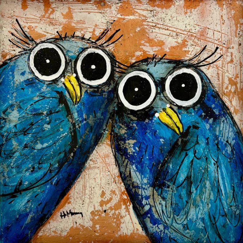 Painting Blue Owls by Maury Hervé | Painting Raw art Animals Acrylic Sand