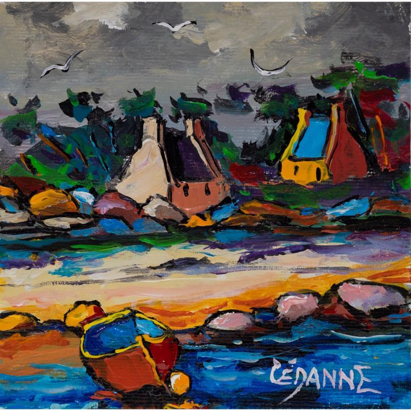 Peinture Marée basse à la barque rouge par Cédanne | Tableau Figuratif Paysages Marine Huile Acrylique