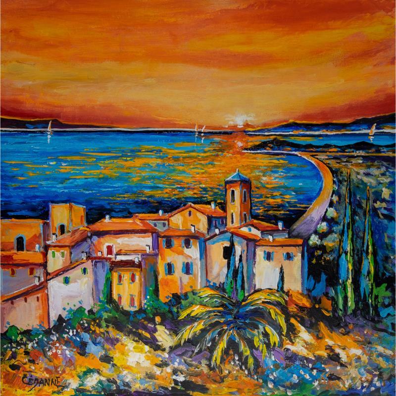 Gemälde Coucher de soleil sur le village perché von Cédanne | Gemälde Figurativ Acryl, Öl Landschaften, Marine