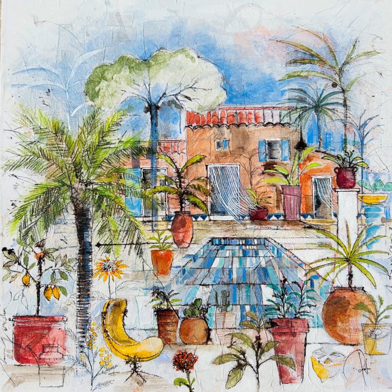 Gemälde Maison douce von Colombo Cécile | Gemälde Naive Kunst Aquarell Acryl Collage Tinte Pastell