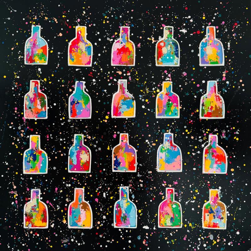 Gemälde BLACK BOTTLES von Mam | Gemälde Pop-Art Acryl Pop-Ikonen, Schwarz & Weiß, Stillleben