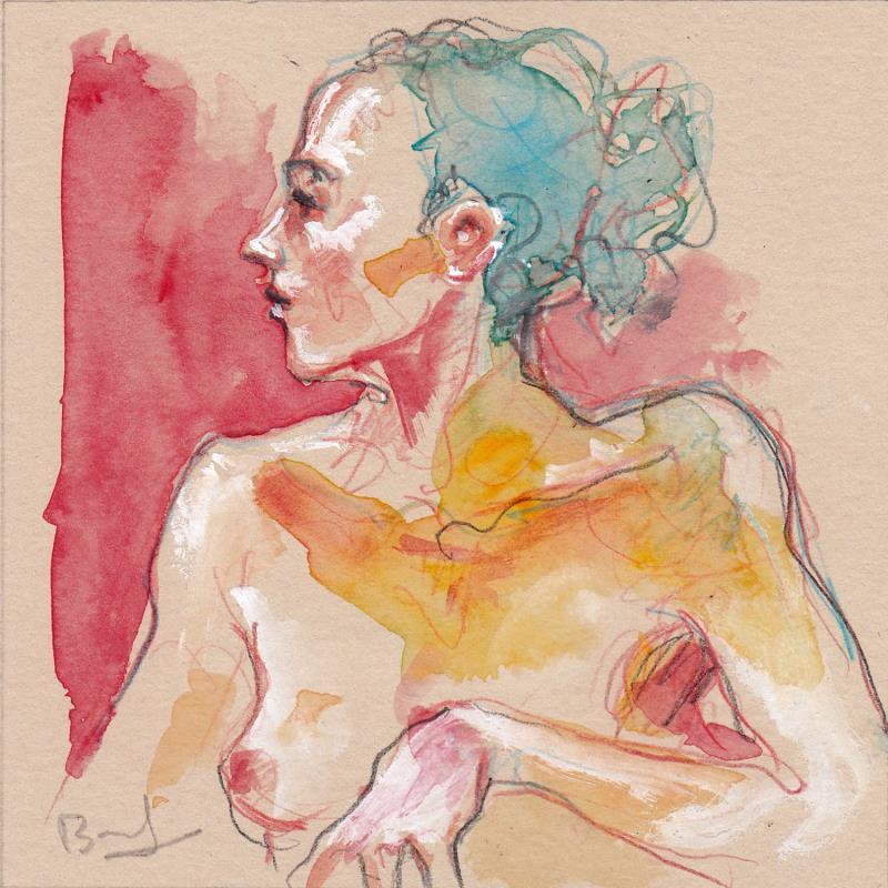 Painting Alice de profil by Brunel Sébastien | Painting Figurative Nude Watercolor