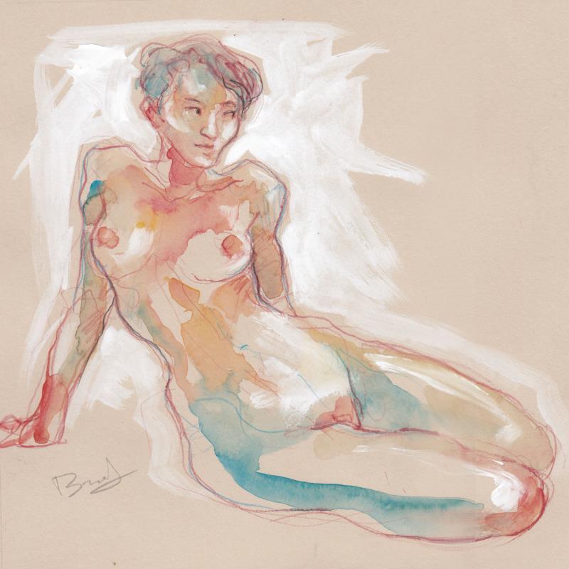 Painting Marine assise, de face by Brunel Sébastien | Painting Figurative Nude Watercolor