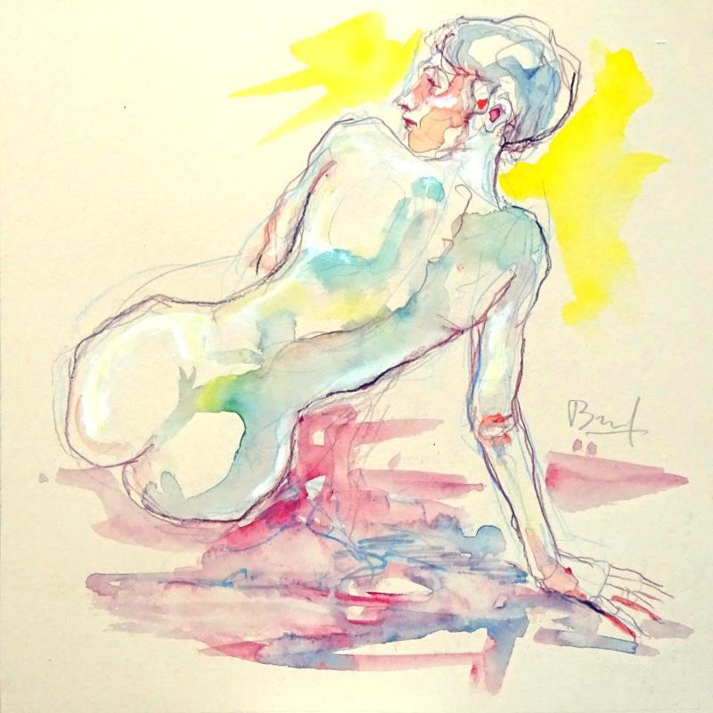 Painting Marine assise de profil by Brunel Sébastien | Painting Figurative Nude Watercolor