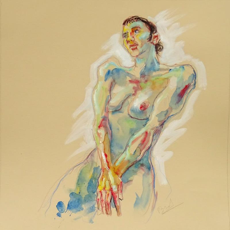 Painting Genna mains croisées by Brunel Sébastien | Painting Figurative Nude Watercolor