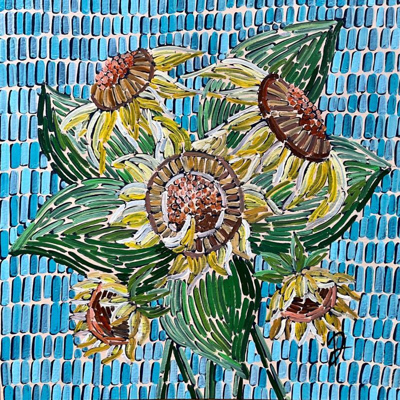 Painting sunflowers on turquoise by Dmitrieva Daria | Painting Impressionism Acrylic Nature