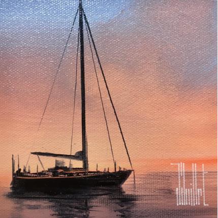 Painting Ancré sous le ciel rosé by Guillet Jerome | Painting Figurative Oil Marine