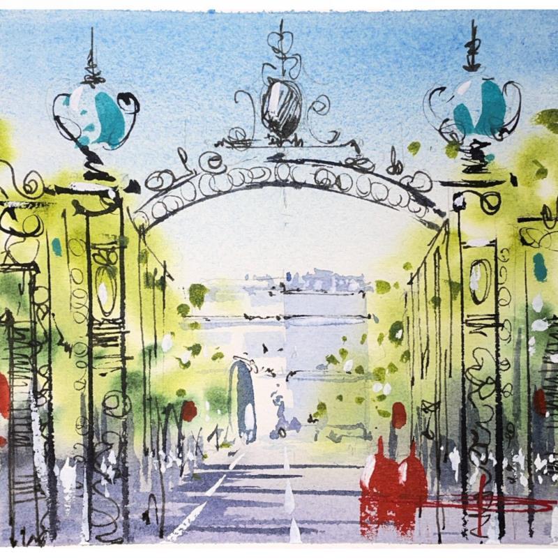 Peinture Les flaneurs du boulevard par Bailly Kévin  | Tableau Figuratif Urbain Architecture Aquarelle Encre