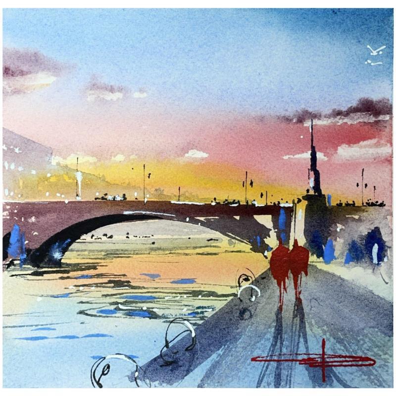 Peinture les derniers rayons de paris par Bailly Kévin  | Tableau Figuratif Aquarelle, Encre Architecture, Urbain