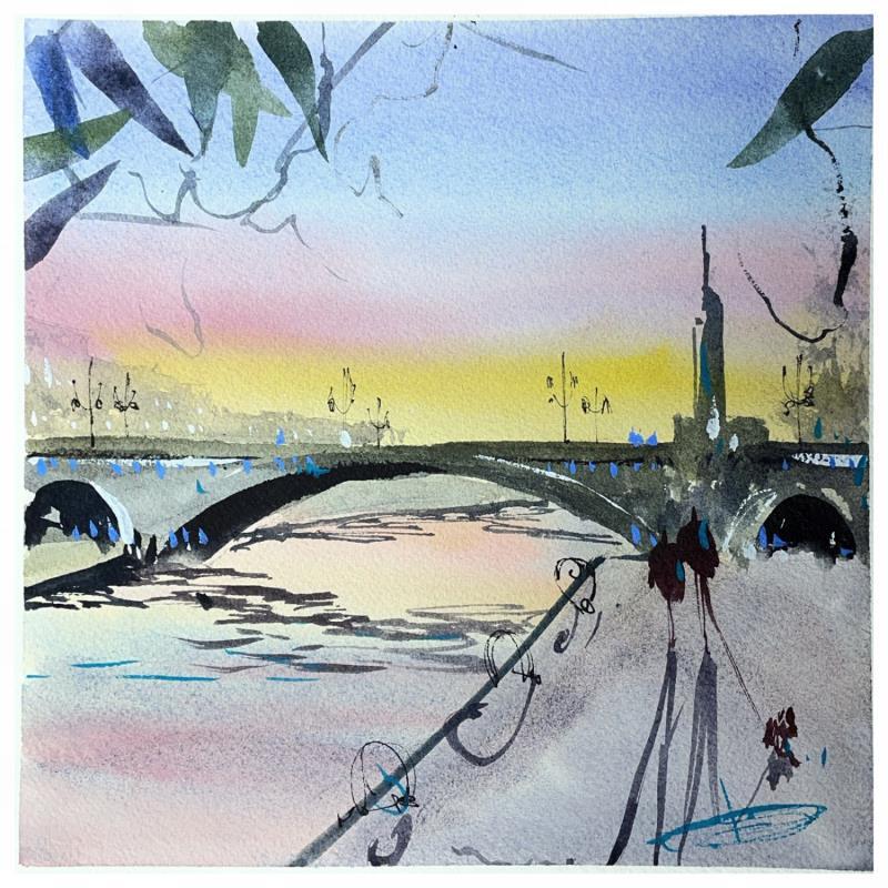 Peinture Marche au bord de la Seine par Bailly Kévin  | Tableau Figuratif Urbain Architecture Aquarelle Encre