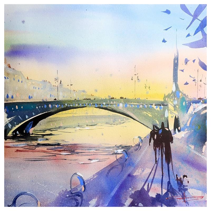 Painting Promenade sur les quais de Seine by Bailly Kévin  | Painting Figurative Ink, Watercolor Architecture, Urban