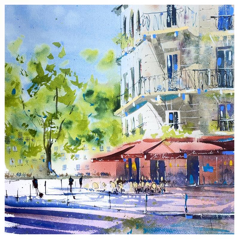 Peinture Place de café parisien par Bailly Kévin  | Tableau Figuratif Urbain Architecture Aquarelle Encre