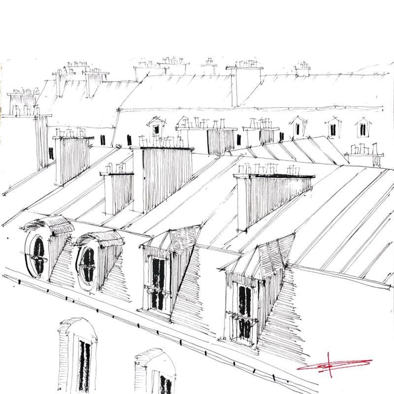 Peinture Par dessus les toits de Paris  par Bailly Kévin  | Tableau Figuratif Urbain Architecture Aquarelle Encre