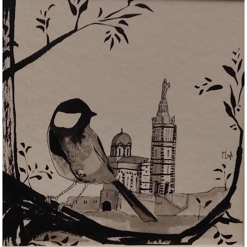 Painting Basilique Notre Dame de la Garde by Mü | Painting Figurative Animals Architecture Black & White Ink Gold leaf