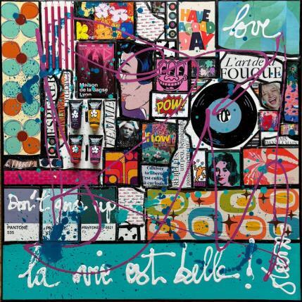 Painting La vie est belle ! (bleu) by Costa Sophie | Painting Pop-art Acrylic, Gluing, Upcycling