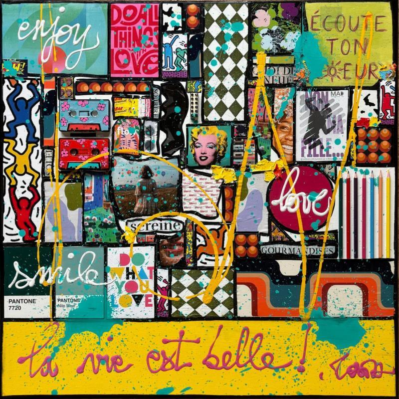 Peinture La vie est belle ! (jaune) par Costa Sophie | Tableau Pop-art Acrylique Collage Upcycling