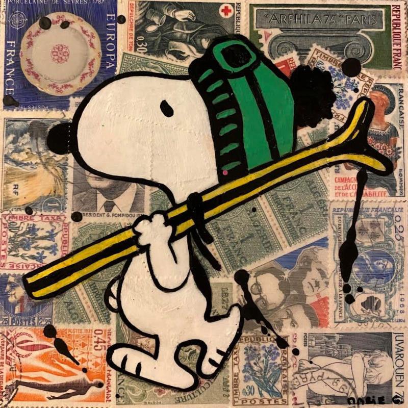 Painting F1 Snoopy timbré ski by Marie G.  | Painting Pop-art Pop icons Wood Acrylic Gluing