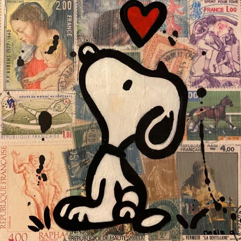 Peinture F1  Snoopy timbré coeur par Marie G.  | Tableau Pop-art Icones Pop Bois Acrylique Collage