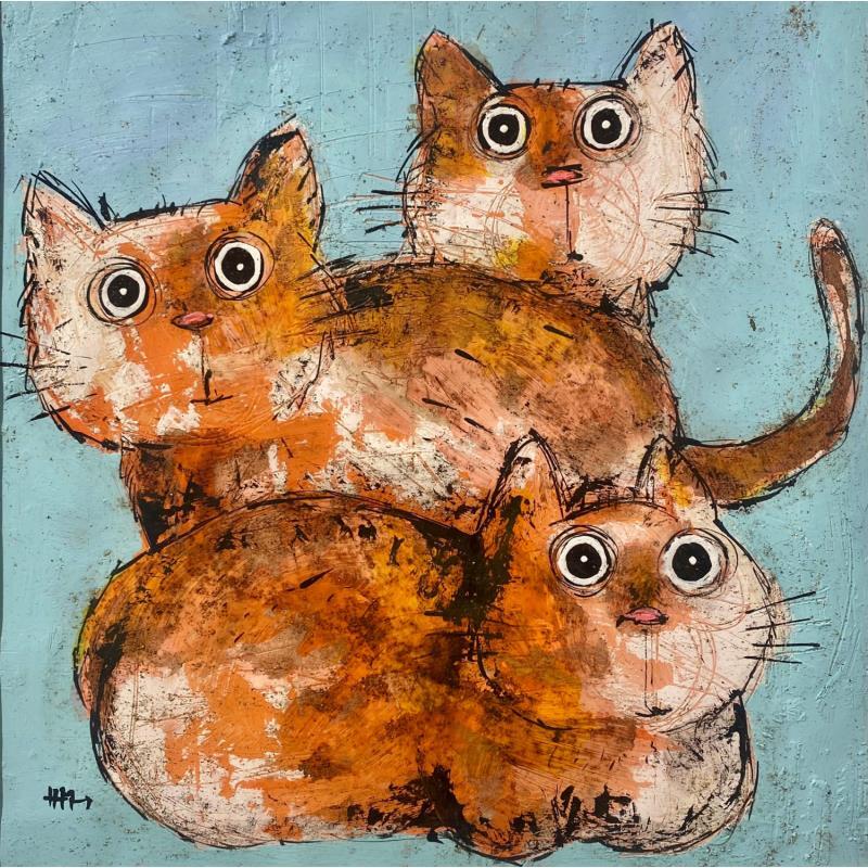 Peinture 3 chats par Maury Hervé | Tableau Art Singulier Animaux