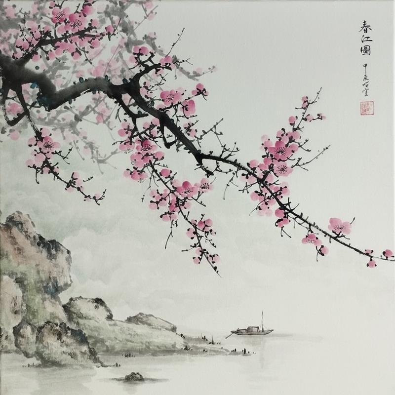 Painting Prunier rose au bord du fleuve by Du Mingxuan | Painting Figurative Ink, Watercolor Landscapes, Nature