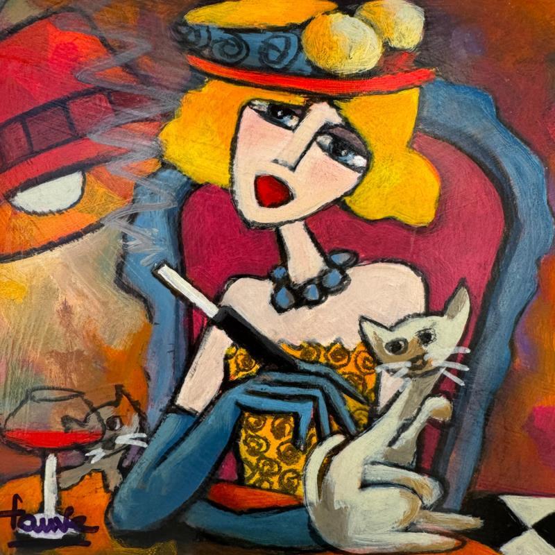 Painting Madame et ses chats by Fauve | Painting Figurative Acrylic, Oil Life style, Pop icons