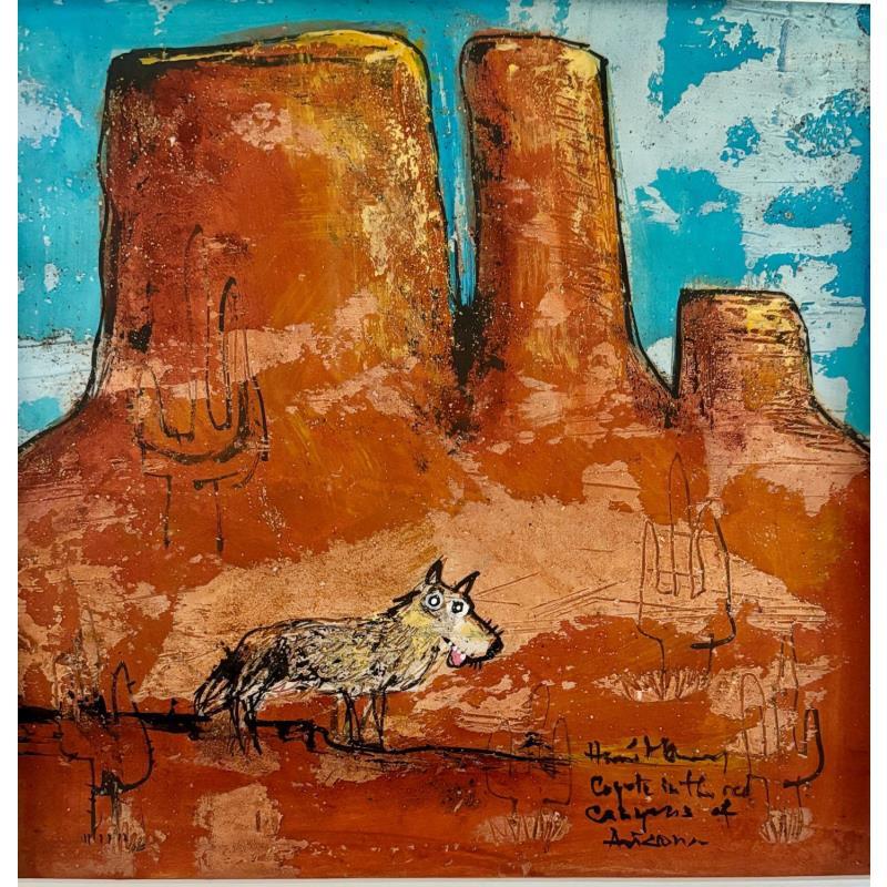 Peinture Coyote in thé Canyon par Maury Hervé | Tableau Art Singulier Acrylique, Encre, Pigments, Sable Animaux