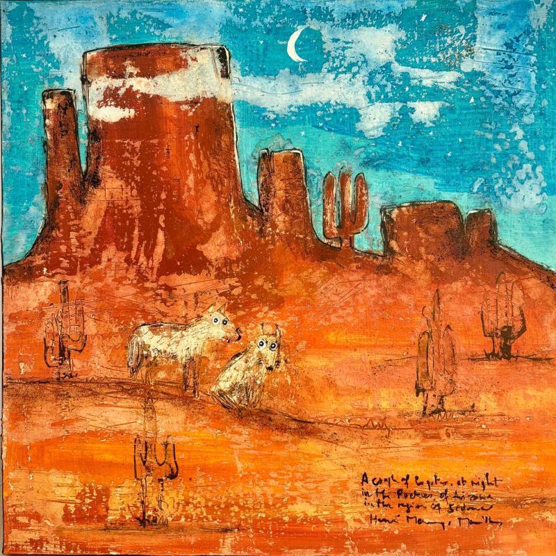 Painting Coyotes at Night in Arizona by Maury Hervé | Painting Raw art Animals