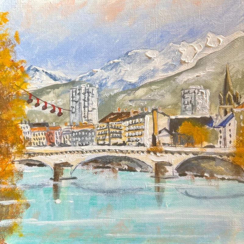 Peinture De belles montagnes et l'Isère en miroir par Lallemand Yves | Tableau Figuratif Urbain Acrylique