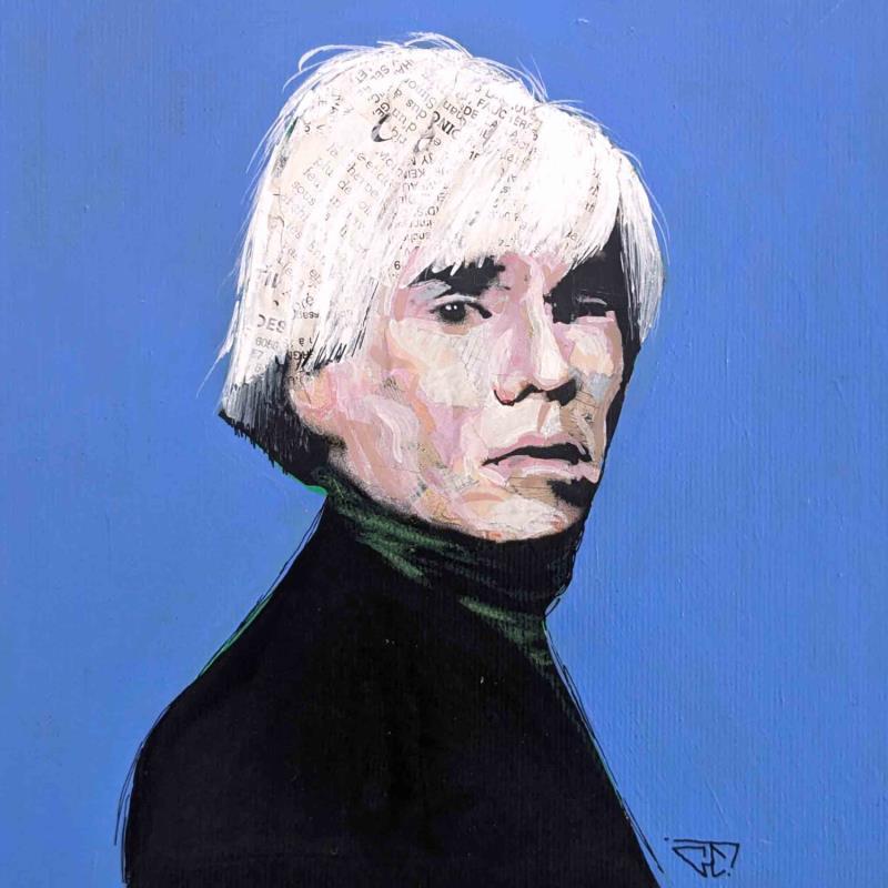 Gemälde Andy Warhol von G. Carta | Gemälde Pop-Art Porträt Gesellschaft Pop-Ikonen Acryl Collage Tinte Upcycling Papier