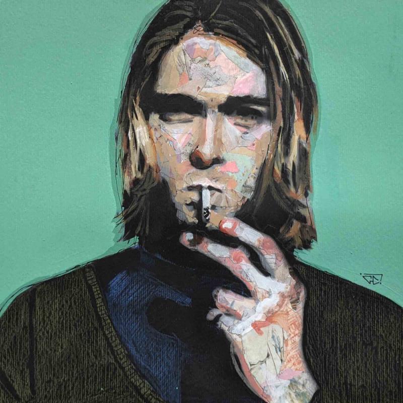 Gemälde Kurt Cobain von G. Carta | Gemälde Pop-Art Porträt Musik Pop-Ikonen Acryl Collage Tinte Upcycling Papier