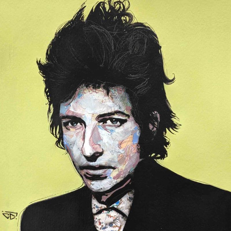 Gemälde Bob Dylan von G. Carta | Gemälde Pop-Art Porträt Musik Pop-Ikonen Acryl Collage Tinte Upcycling Papier