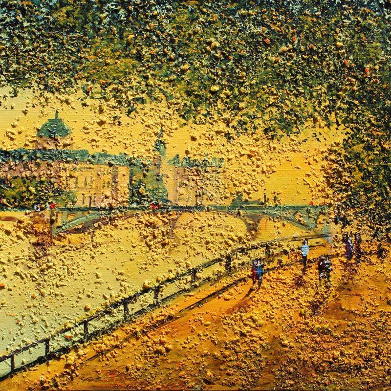 Peinture Promenade dorée à Paris par Dessapt Elika | Tableau Impressionnisme Acrylique, Sable Paysages, Scènes de vie, Urbain