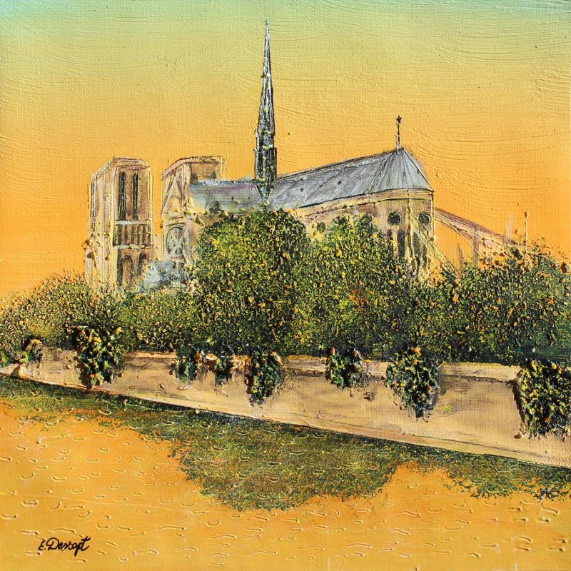 Peinture Coucher de soleil sur Notre-Dame par Dessapt Elika | Tableau Impressionnisme Acrylique, Sable