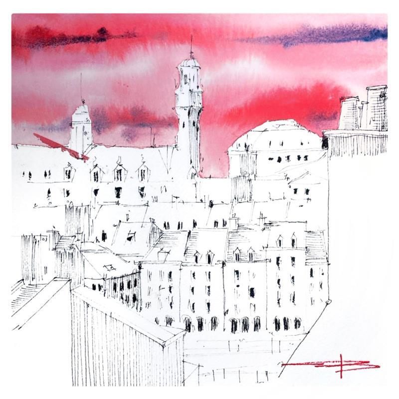 Peinture La Skyline du beffroi de Lille par Bailly Kévin  | Tableau Figuratif Aquarelle, Encre Architecture, Urbain