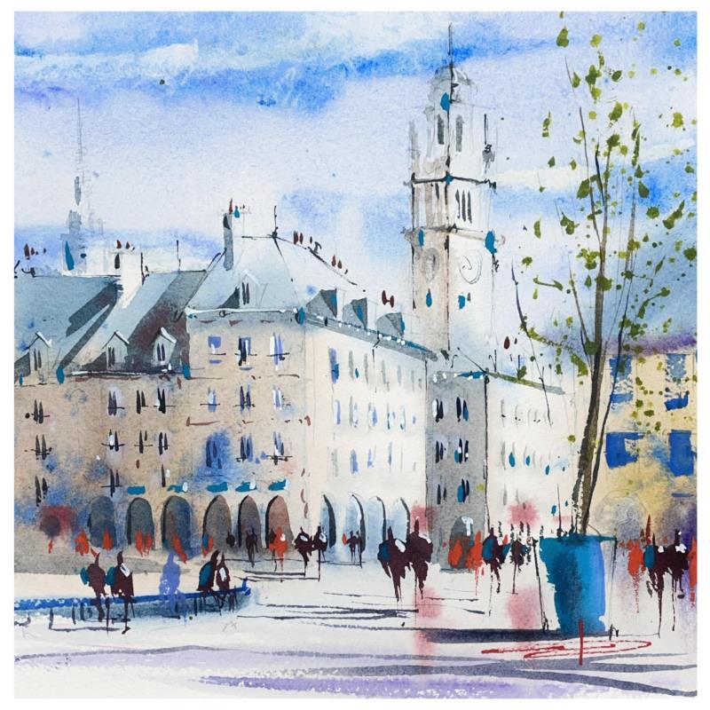 Painting Promenade sur la grand-place by Bailly Kévin  | Painting Figurative Urban Architecture Watercolor Ink