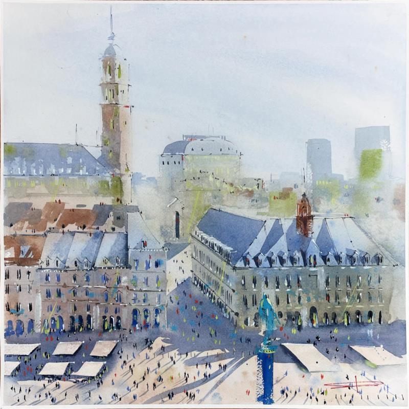 Painting Contre-plongées sur la grand-place by Bailly Kévin  | Painting Figurative Urban Architecture Watercolor Ink